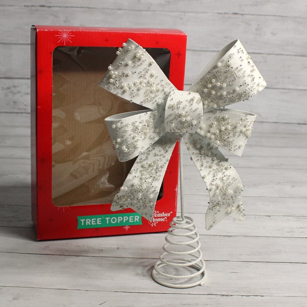 December Home Christmas Tree Topper White Metal Bow Beaded 11" Wedding Bridal